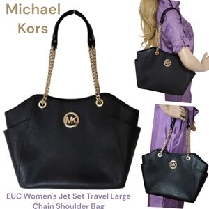 Michael Kors Jet Set Saffiano leather Shoulder Tote Bag Black golden chain Lg